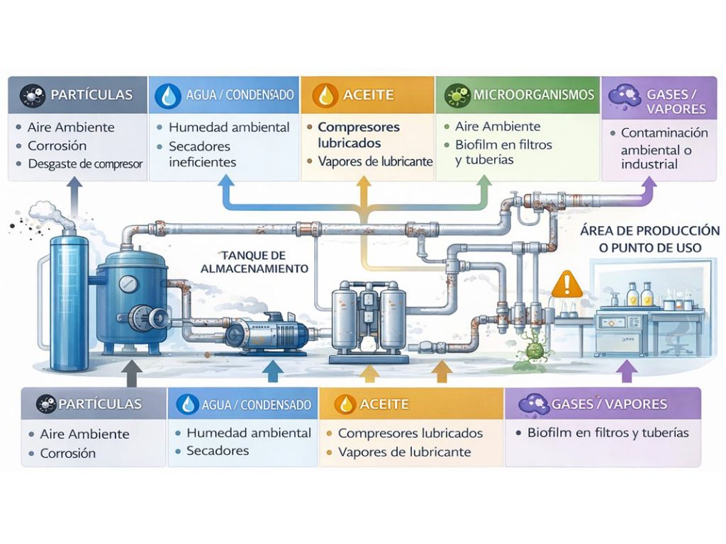 Ilustración 1. Sistema típico de generación, tratamiento y distribución de aire comprimido y principales puntos potenciales de contaminación a lo largo del sistema.